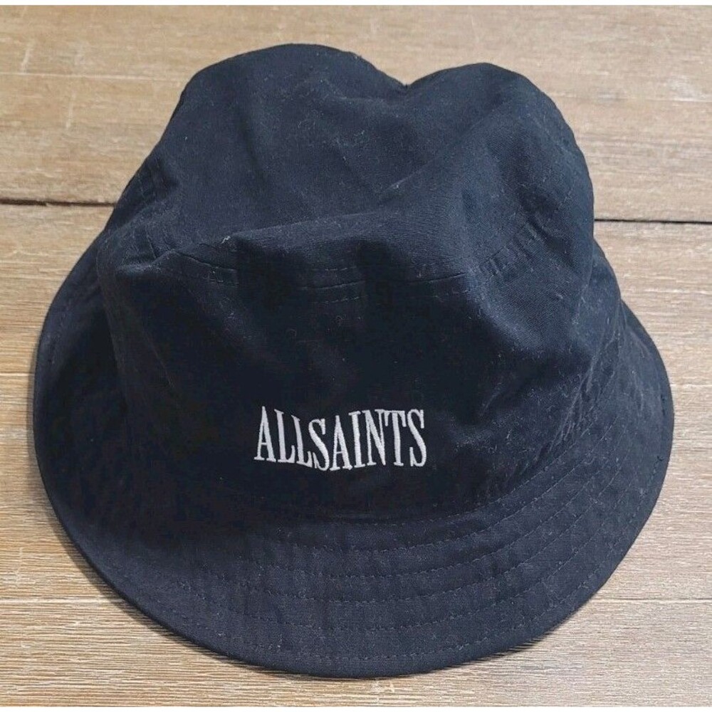 AllSaints Black State Logo Bucket Hat Cap One Size 100% Cotton